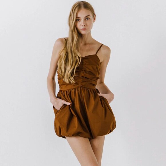 Endless Rose Shirred Blouson Romper in Camel Brown with Puffed Shorts Size S - Picture 1 of 10